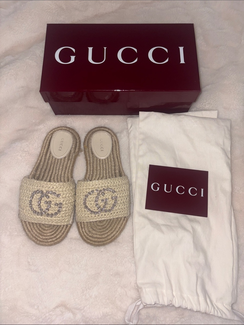 Gucci Natural Raffia Double G Crystals Slide Sandals